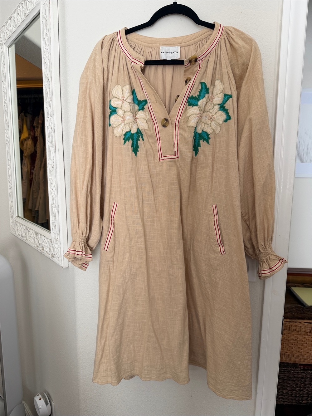 Antik Batik Beige Long-Sleeve Embroidered Floral Dress